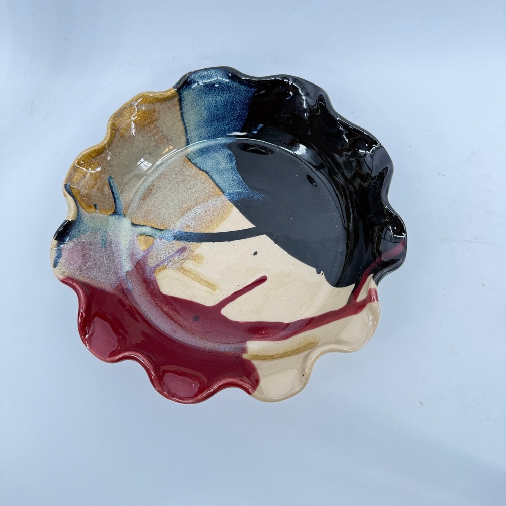 J&S Beaumont Pottery Bowl 9" Multicolor Abstract Ruffled Rim Ceramic Pie Pan - Picture 2 of 16